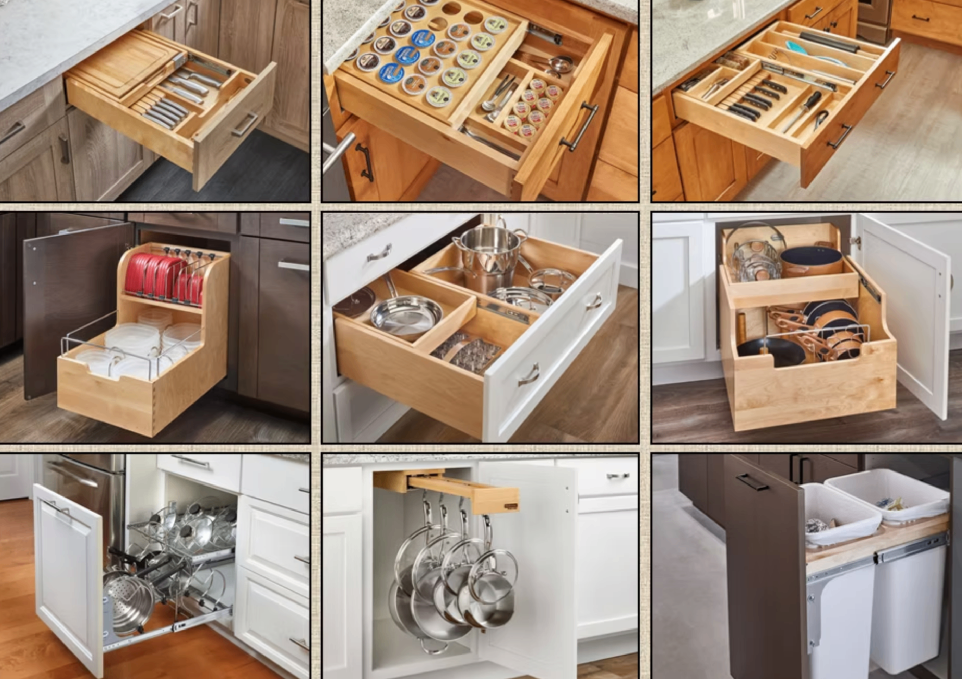 Pull-out pots and pans organizer drawer